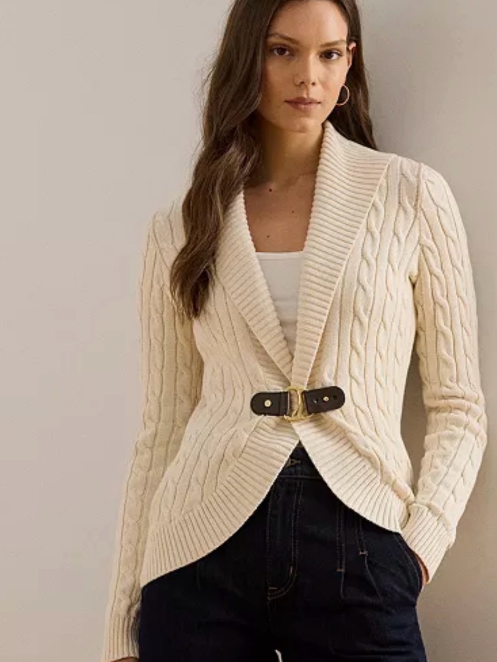 Lauren Ralph Lauren Cotton Cable Knit Shawl Collar Cardigan M. Leather Buckle